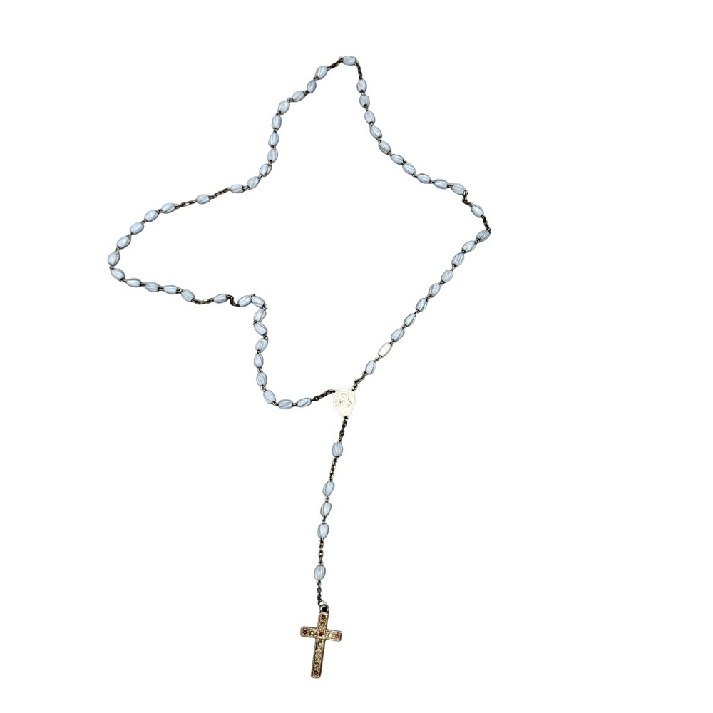 Vtg Catholic Religious Rosary Necklace Plastic Blue Beads Rhinestones Crucifix